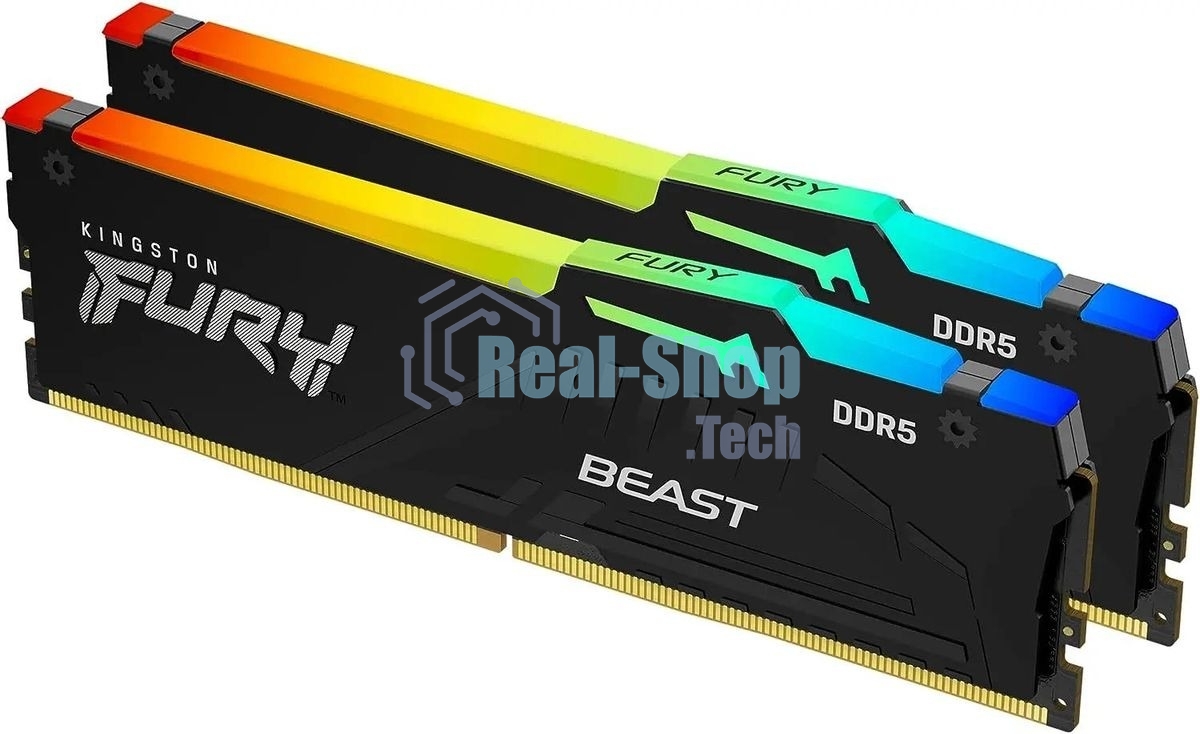 Оперативная память Kingston Fury Beast Black RGB, DDR5, 64Gb (2x32 Gb), 5200 MHz, CL40, радиатор, RGB, черный