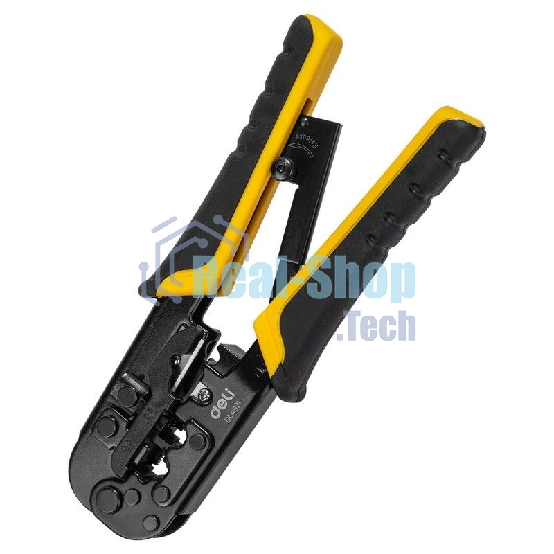 Обжимные клещи Deli DL4971 4P,6P,8P Размер: 200 мм. Спецификация обжима: 4P, 6P, 8P. Сталь A3 с черным покрытием. Ручка из ПВХ и ТПР. Храповой механизм. Подходит для витой пары UTP/STP и телефонных кабелей.