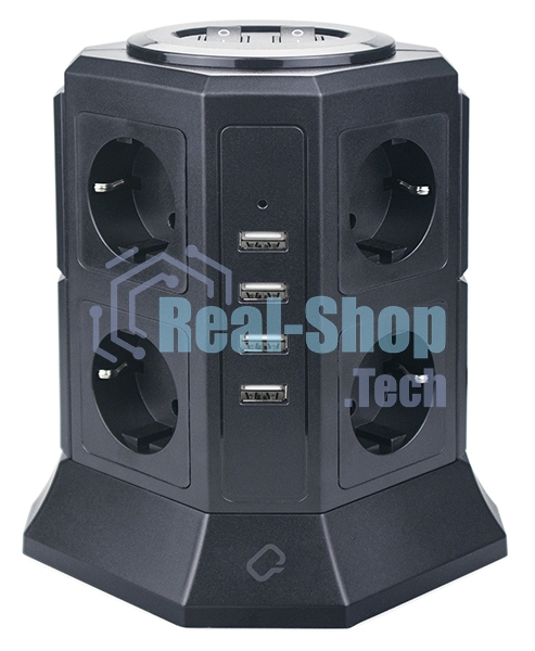 Сетевой фильтр Qumo Power Tower Pro 8SP4U (P-0002), 8 розеток, 2200 Вт, 10A, кабель 2 м 3*1 мм чистая медь, пожаробезопасный пластик, евровилка, 4 USB порта 4.5A суммарно
