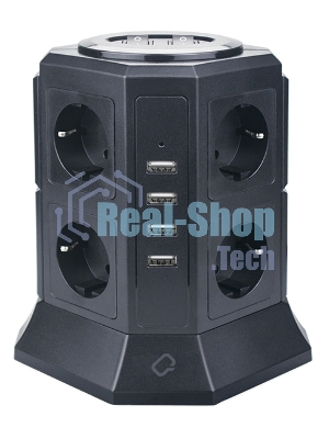 Сетевой фильтр Qumo Power Tower Pro 8SP4U (P-0002), 8 розеток, 2200 Вт, 10A, кабель 2 м 3*1 мм чистая медь, пожаробезопасный пластик, евровилка, 4 USB порта 4.5A суммарно