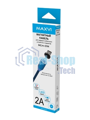 Кабель Maxvi MCm-01M blue, USB-A - microUSB, 2A, магнитный разъем, LED Описание: ток макс. нагрузки 2А, макс. напряжение 5V; стандарт USB 2.0; длина 1м, нейлоновая оплетка, съемный магнитный коннектор, LED подсветка, синий с черными вставками