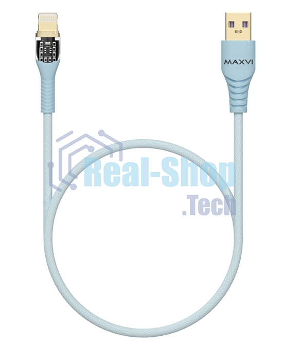 Дата-кабель Maxvi MC-31L USB-Lightning 2.4А, прозрачный корпус, LED подсветка, 1.2м, sky blue