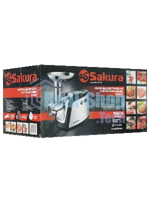 Мясорубка электрическая Sakura SA-6407 серый, 1800 Вт, 2.0 кг/мин, реверс, защита от перегрузки, металлический лоток, насадки - 5