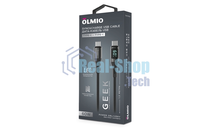 Кабель OLMIO GEEK, Type-C - Type-C, 60W, 1.2м, тканевая оплетка, LCD, черный