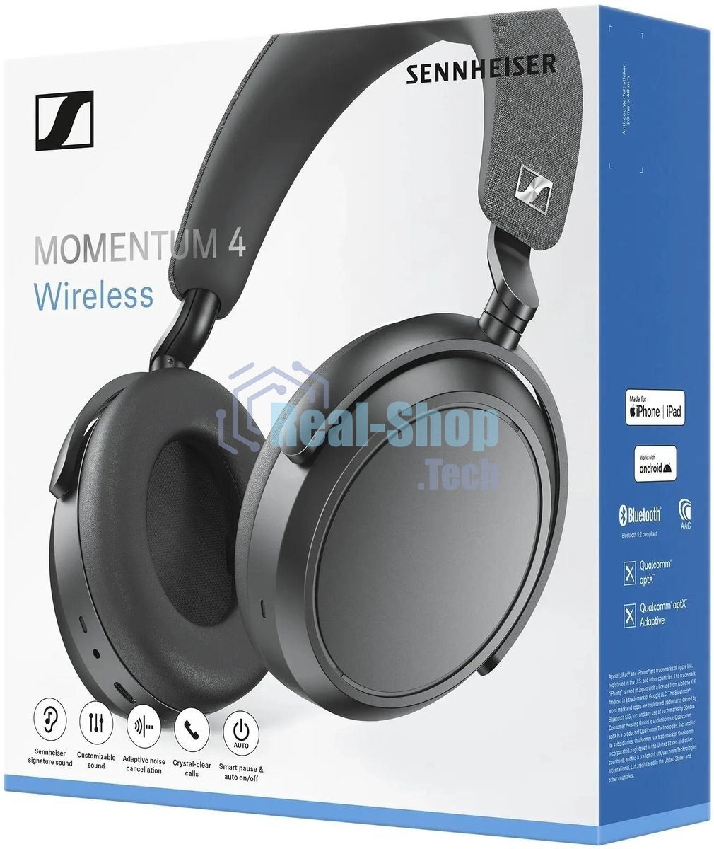 Беспроводные/проводные наушники Sennheiser Momentum 4 Wireless черный, полноразмерные, Bluetooth + Jack 3.5 мм, активное шумоподавление, до 60 ч
