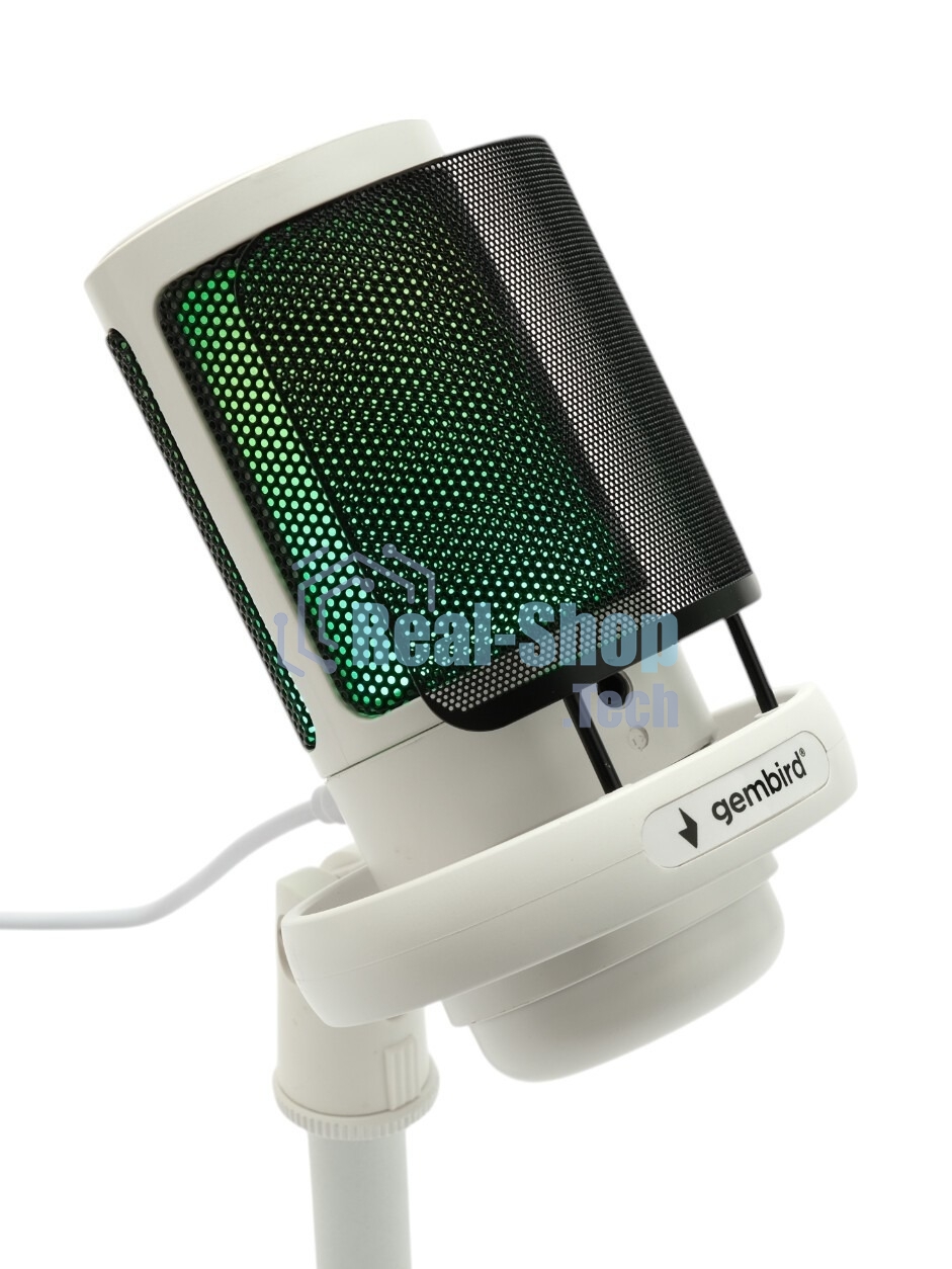 Микрофон конденсаторный Gembird M-01NW, подсветка RGB, шумоподавление, настольный держатель, белый