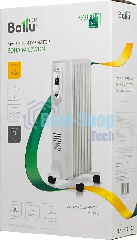 Обогреватель масляный Ballu Comfort BOH/CM-07WDN (7 секций) белый, 1500 Вт, 20 м2, термостат