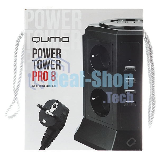 Сетевой фильтр Qumo Power Tower Pro 8SP4U (P-0002), 8 розеток, 2200 Вт, 10A, кабель 2 м 3*1 мм чистая медь, пожаробезопасный пластик, евровилка, 4 USB порта 4.5A суммарно