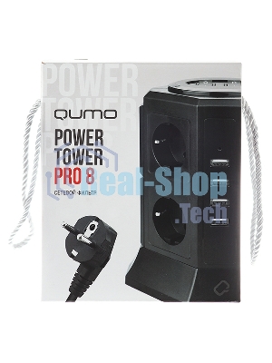 Сетевой фильтр Qumo Power Tower Pro 8SP4U (P-0002), 8 розеток, 2200 Вт, 10A, кабель 2 м 3*1 мм чистая медь, пожаробезопасный пластик, евровилка, 4 USB порта 4.5A суммарно