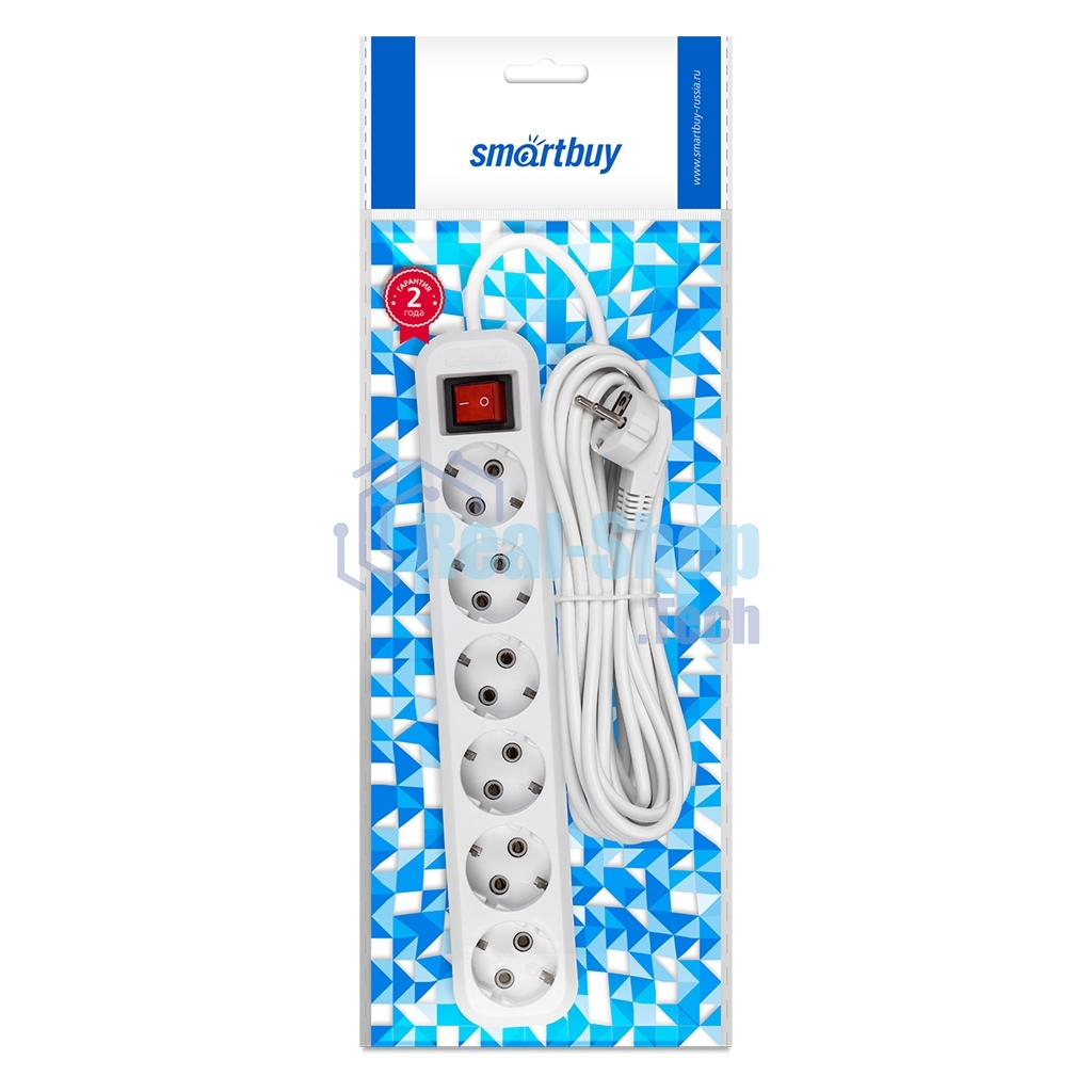 Удлинитель Smartbuy, 6 гнезд 7 м, 16А/3,5 кВт с выкл. и заземлением ПВС 3х1,0 (SBE-16-6-07-ZS)