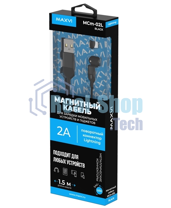Кабель Maxvi MCm-02L black, USB-A - Lightning, 2A, магнитный разъем, LED ток макс. нагрузки 2А, макс. напряжение 5V; стандарт USB 2.0; длина 1.5м, нейлоновая оплетка, съемный магнитный коннектор, LED подсветка, черный