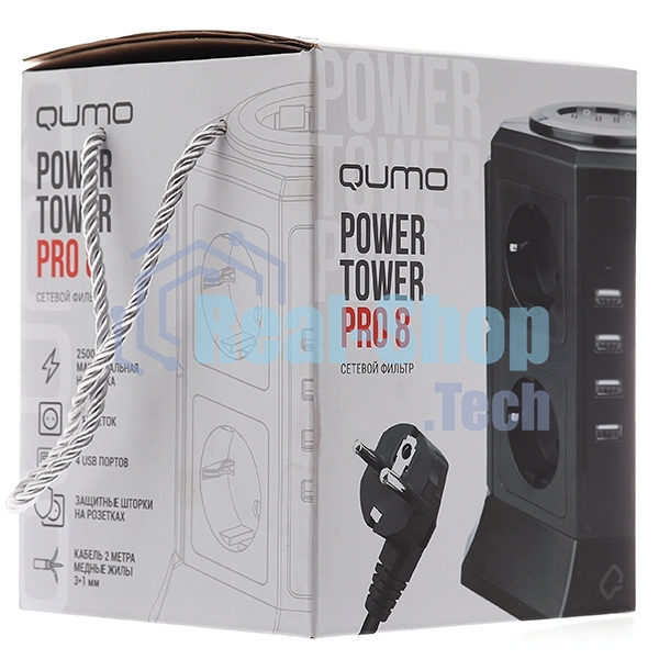 Сетевой фильтр Qumo Power Tower Pro 8SP4U (P-0002), 8 розеток, 2200 Вт, 10A, кабель 2 м 3*1 мм чистая медь, пожаробезопасный пластик, евровилка, 4 USB порта 4.5A суммарно