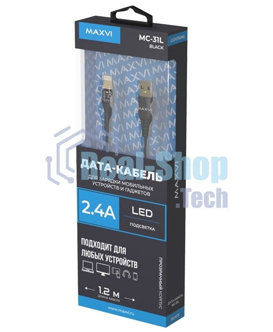 Дата-кабель Maxvi MC-31L USB-Lightning 2.4А, прозрачный корпус, LED подсветка, 1.2м, черный