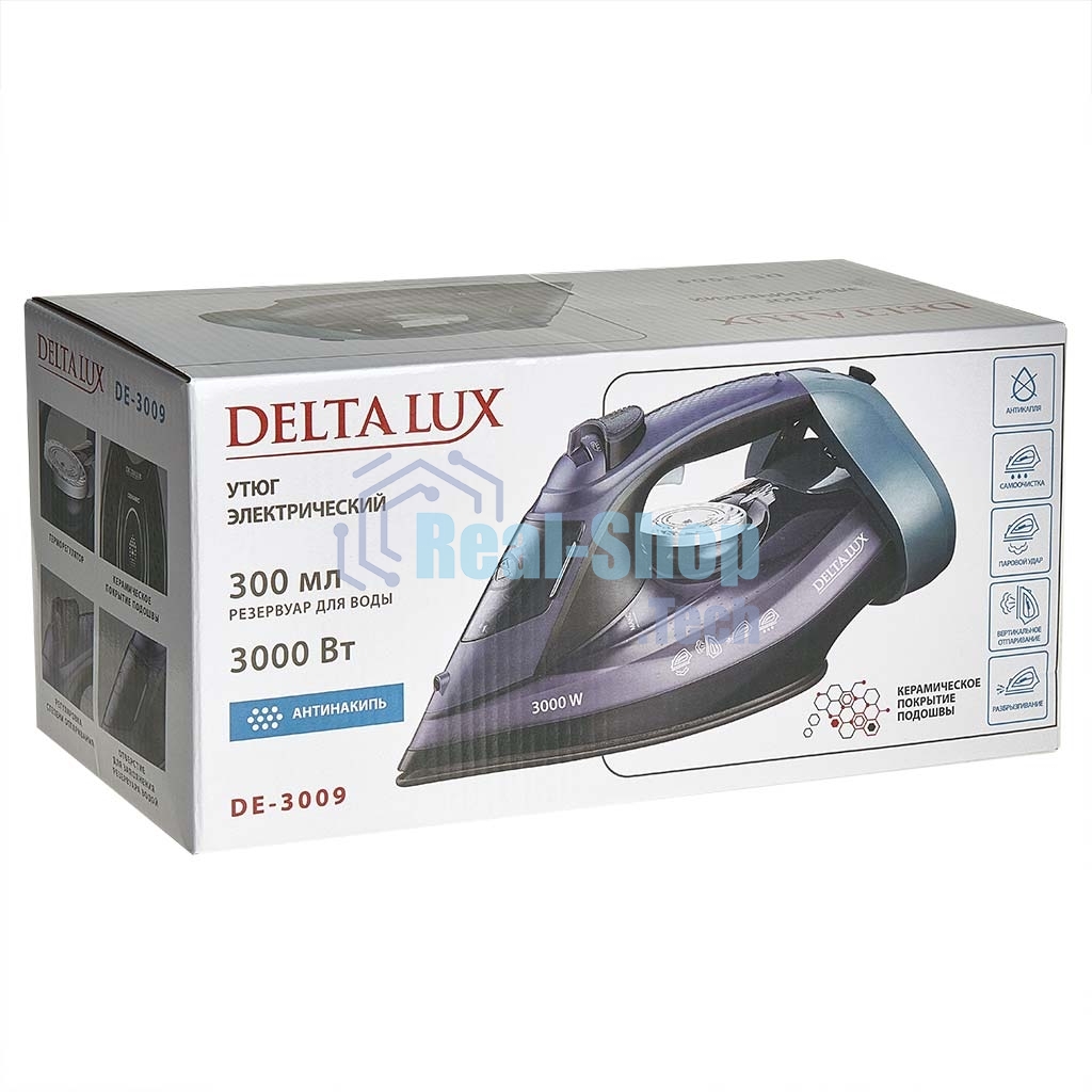 Утюг Delta LUX DE-3009 черный/фиолетовый, 3000 Вт, 25 г/мин, 190 г/мин, 300 мл