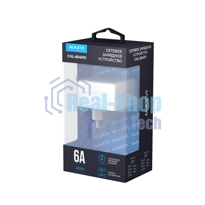 Сетевое зарядное устройство Maxvi CHL-604PD Type-C\Type-C 40W 6A (3A+3A) PD QC3.0, белый