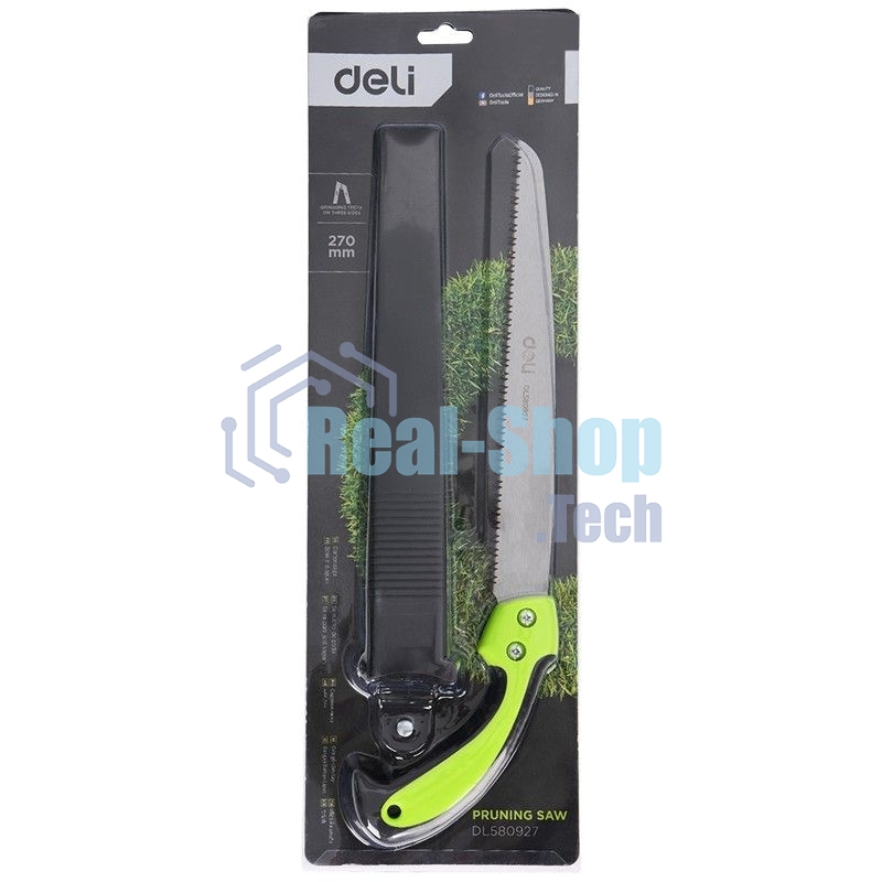 Садовая пила с ножнами Deli DL580927 270мм, сталь 65Mn, шаг зубьев 7TPI, обрезиненая ручка, шлифовка зубов с 3-х сторон, двухрядное распределение кромок