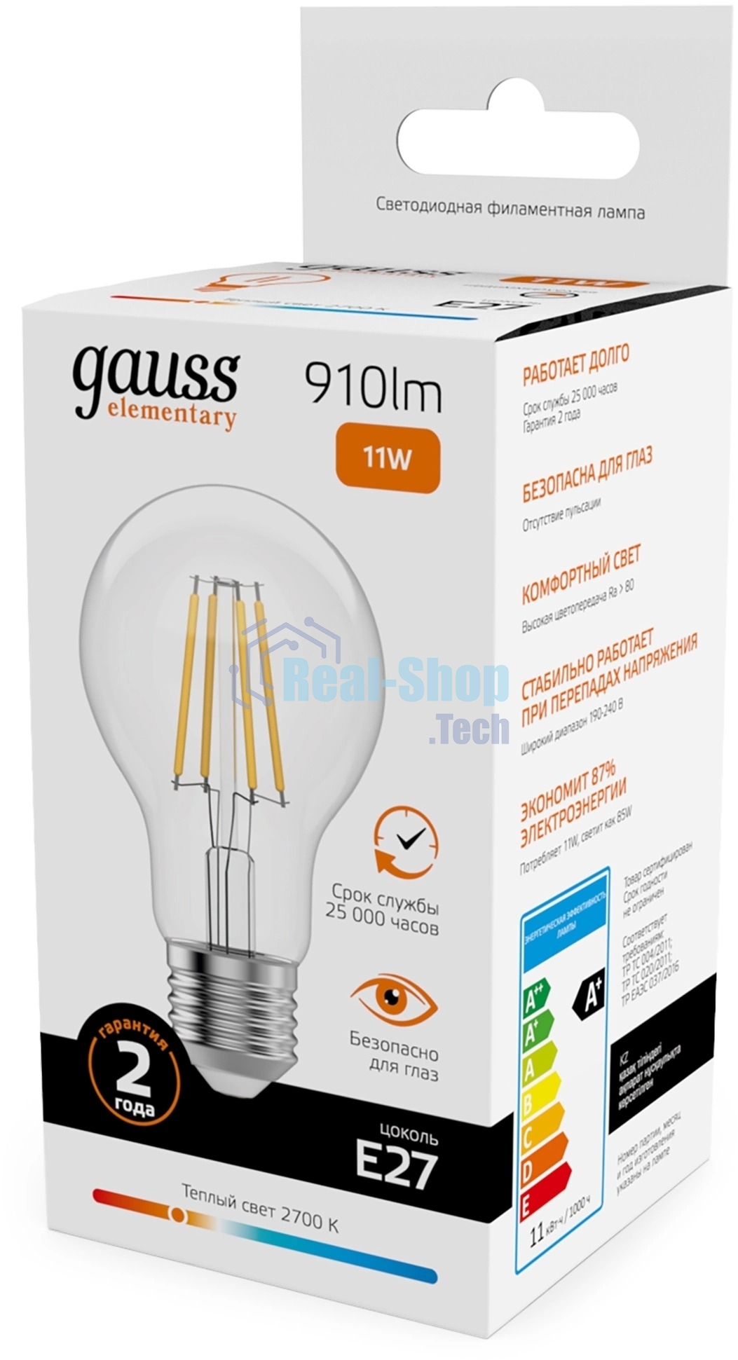 Лампа светодиодная филаментная Gauss Filament 11Вт цок.: E27 груша св. свеч. бел. теп. (упак.: 10 шт)