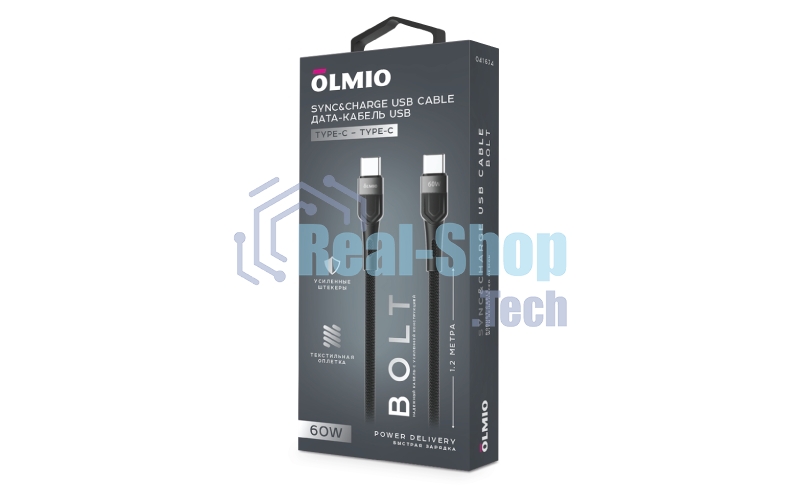 Кабель OLMIO BOLT, Type-C - Type-C, 60W, 1.2м, тканевая оплетка, черный