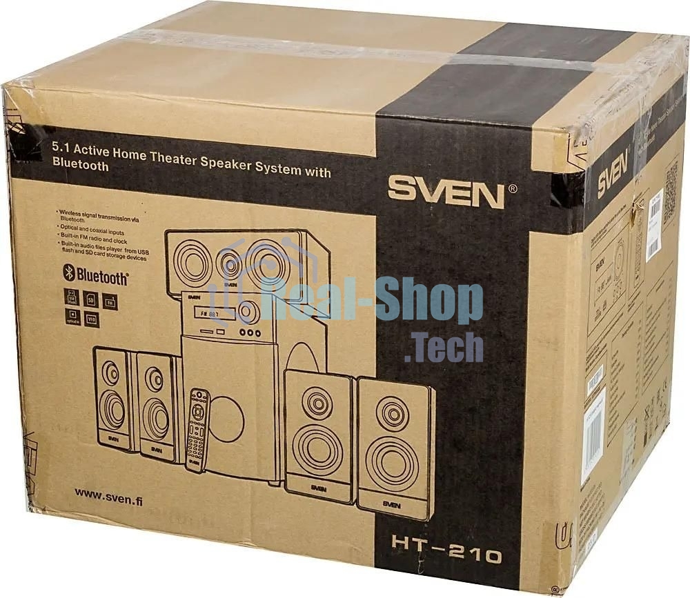 Аудиоколонки SVEN HT-210, черный, акустическая система 5.1, мощность (RMS):50Вт+5x15Вт, Bluetooth, Optical, Coaxial, FM-тюнер, USB/SD, дисплей, ПДУ