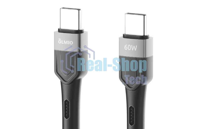 Кабель OLMIO BOLT, Type-C - Type-C, 60W, 1.2м, тканевая оплетка, черный
