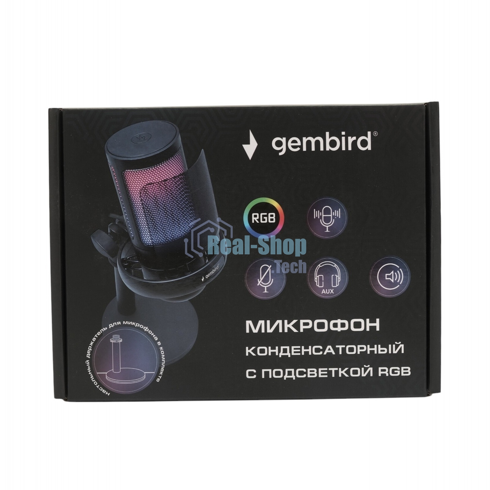 Микрофон конденсаторный Gembird M-01N, подсветка RGB, шумоподавление, настольный держатель, черный