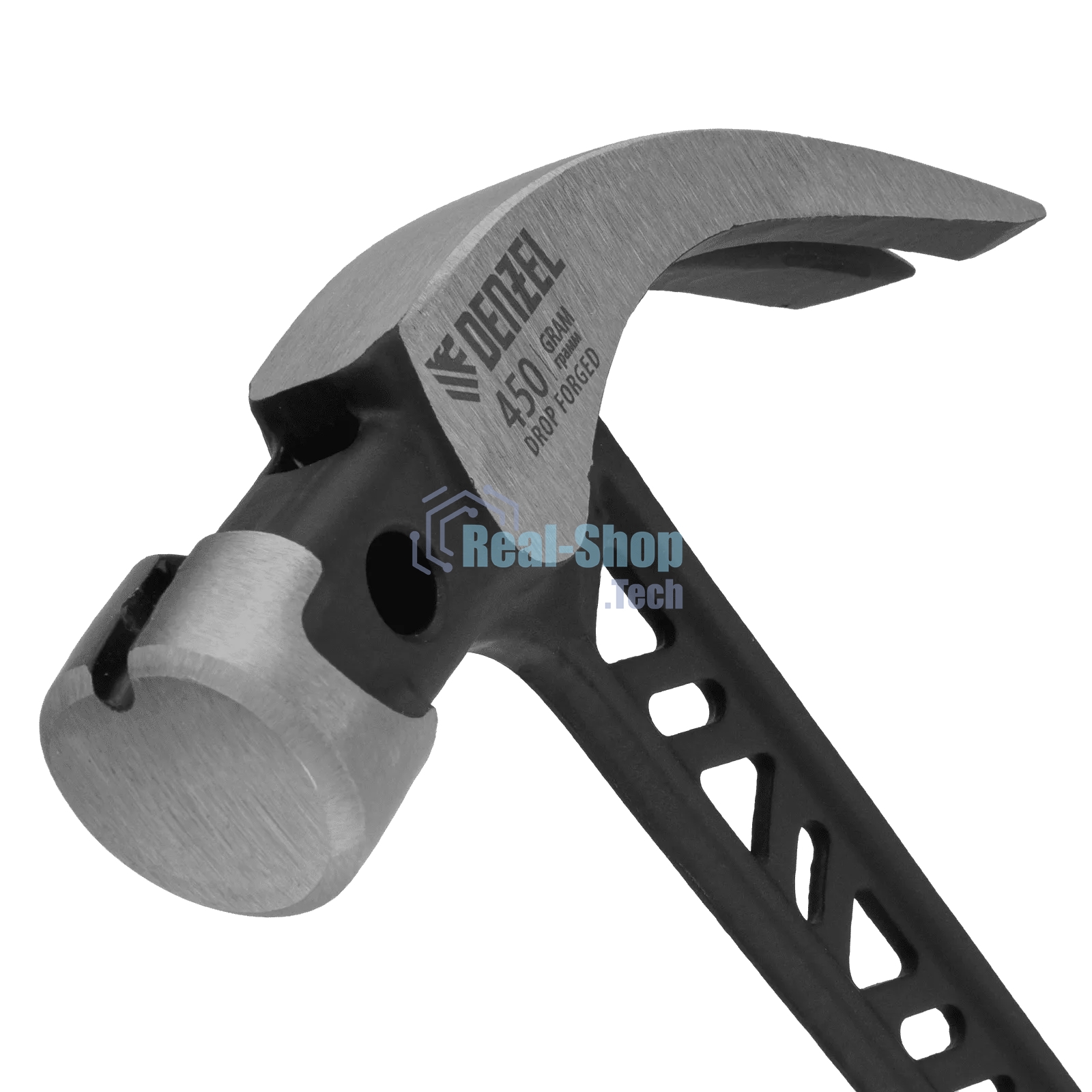 Молоток-гвоздодер Denzel 450 г, цельнокованый, боек с магнитом, двухкомп. обрезин. рук-ка