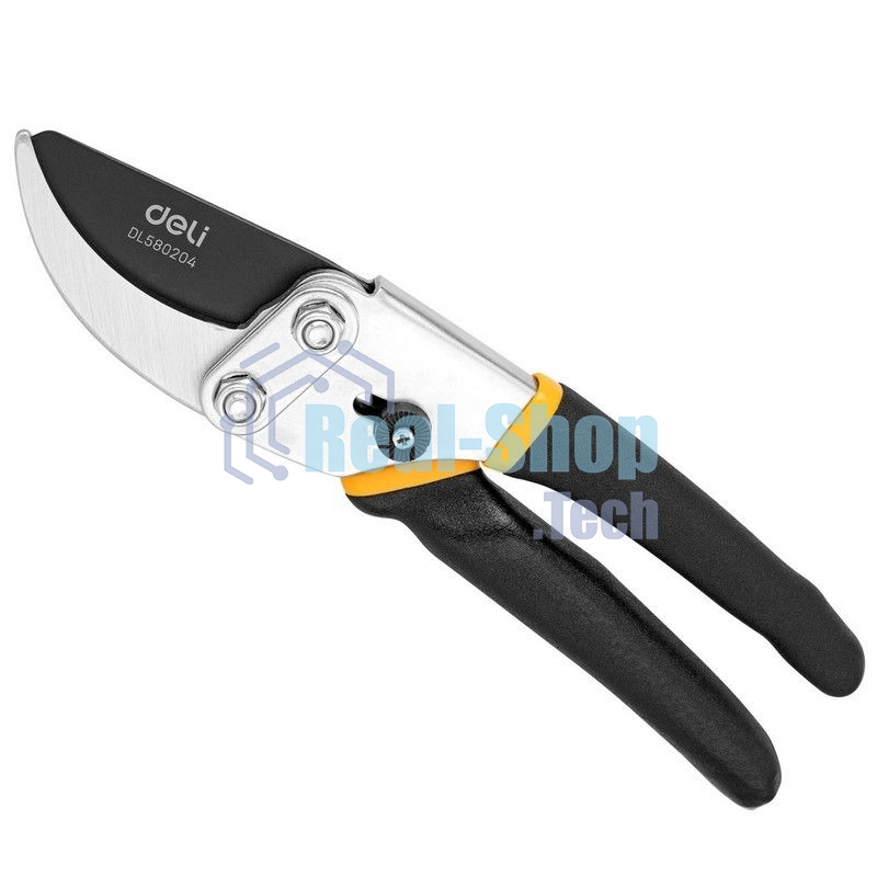 Секатор Deli DL580204 Размер 200 мм. Макс диаметр резки 15 мм. Сталь 55С. Термообработанная поверхность. Тефлоновая уплотненная пластиковая ручка.