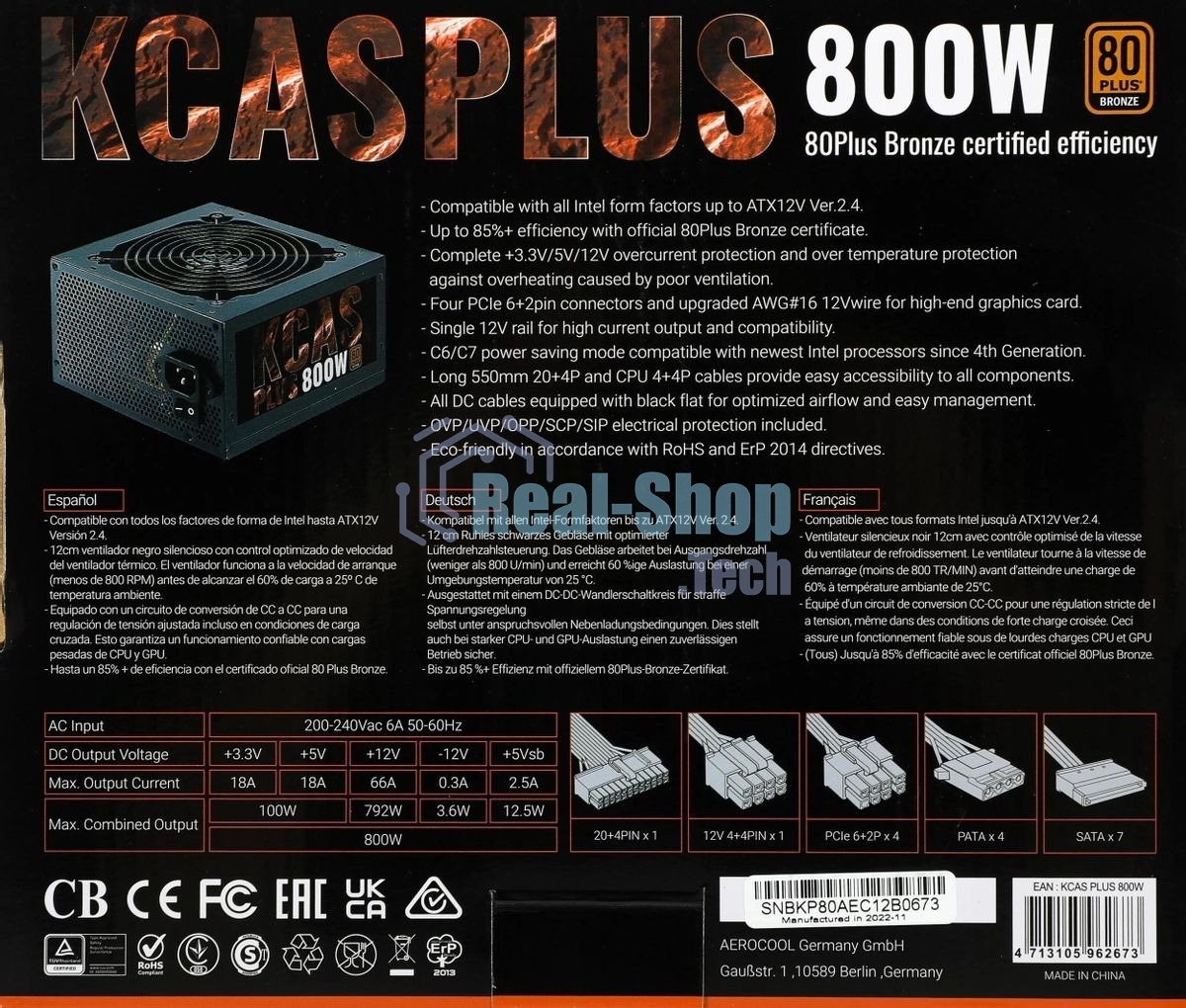 Блок питания Aerocool/Formula KCAS-800W, 800Вт, PLUS 80 PLUS Bronze, 120мм, черный