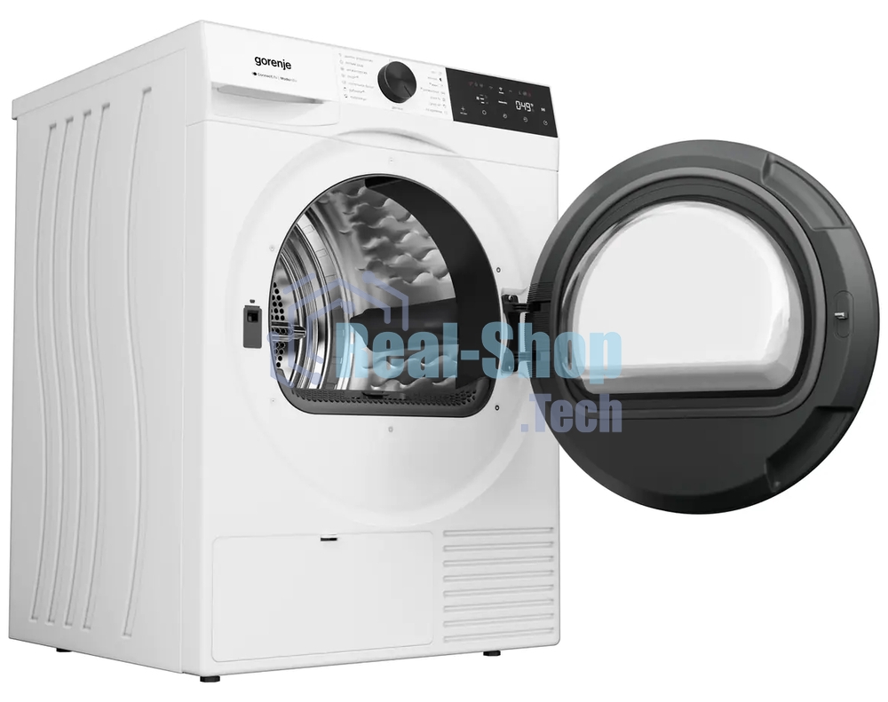 Сушильная машина Gorenje DG49D, отдельностоящая, ВхШхГ 850х600х625 мм, загрузка 9 кг, 15 программ, конденсационная сушка с тепловым насосом, поворотное/сенсорное управление, цифровой дисплей, Wi-Fi, датчик влажности белья, функция TwinAir, половинная загрузка, защита от сминания, отсрочка старта, функция 