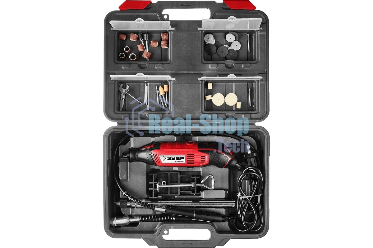 Прямошлифовальная машина (гравер) Зубр ЗГ-160 КН41, 220В, 160 Вт, 3.2 мм, 15000-35000 об/мин, набор насадок, цанг и державок, гибкий вал, штатив, 41 предмет, кейс