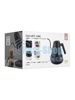 Чайник заварочный для кофе и чая Galaxy LINE GL 0341, черный, металл, 1100 ВТ, 1 л, корпус из нержавеющей стали AISI 304, установка температуры от 40 до 100 °C, функция поддержания температуры, 3 запрограммированных режима нагрева воды до 91°С, 93 °С, 96 °С, удобная форма носика