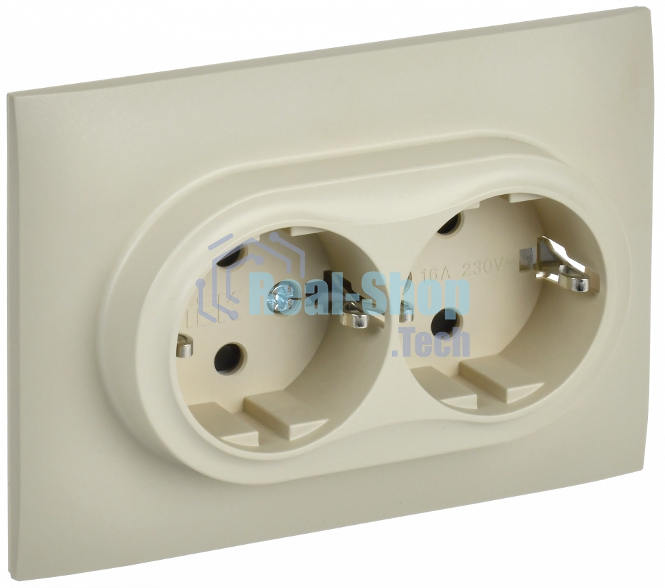 Розетка 2-местная IEK SKANDY SK-R07B (SK-R24-16-K10-F) с заземлением, с защитными шторками 16А в сборе, бежевый