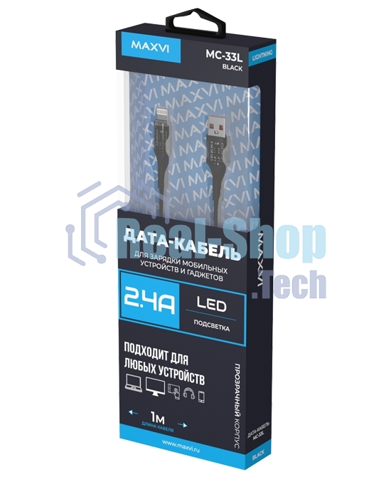 Дата-кабель Maxvi MC-33L USB-Lightning 2.4А, прозрачный корпус, LED подсветка, 1м, черный