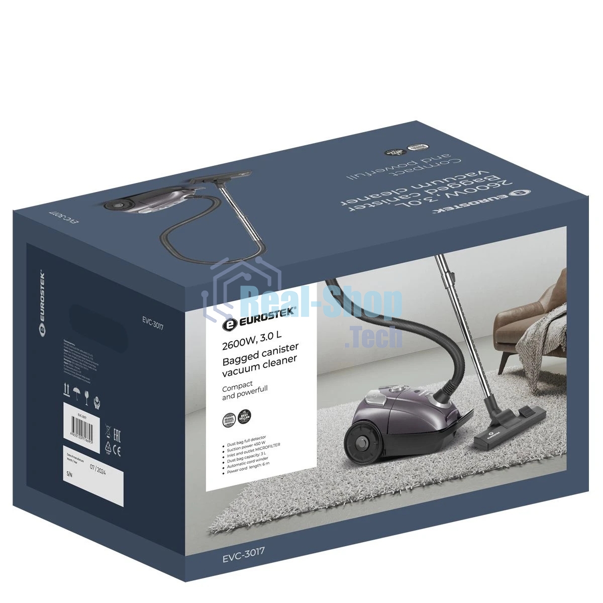 Пылесос Eurostek EVC-3017 фиолетовый, Потребляемая мощность – 2600 Вт, Мощность всасывания – 420 Вт