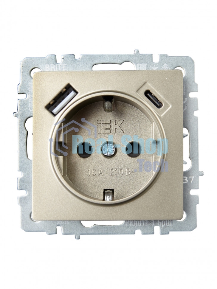Розетка 1-местная IEK BRITE РЮш11-1-БрШ (BR-R14-16-U22-018-K37) с заземлением, с защитными шторками, 16А, с USB A+C 18 Вт, шампань