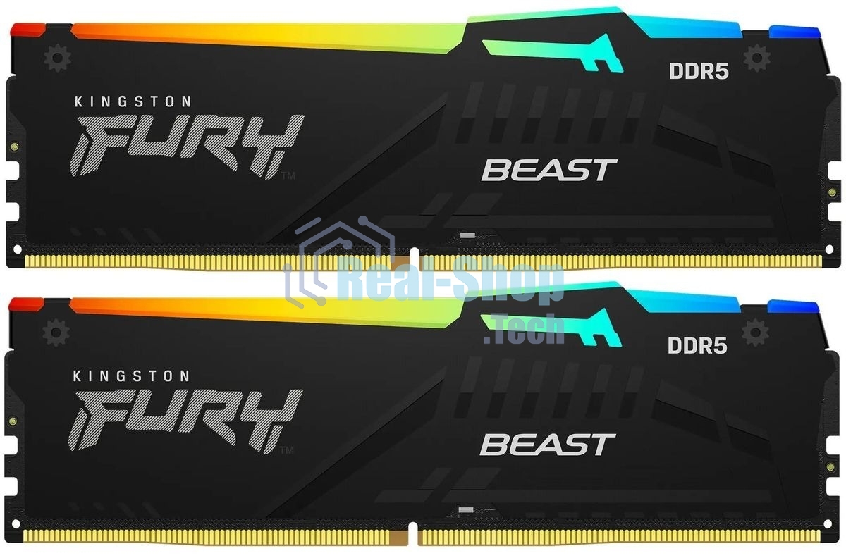 Оперативная память Kingston Fury Beast Black RGB, DDR5, 64Gb (2x32 Gb), 5200 MHz, CL40, радиатор, RGB, черный