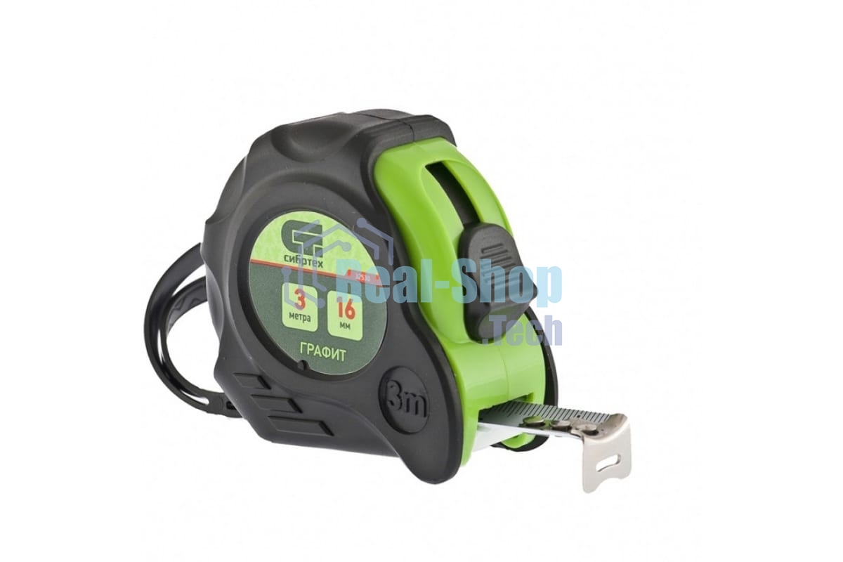 Рулетка Сибртех Графит, обрезиненный корпус, амортизатор, 3 м х 16 мм