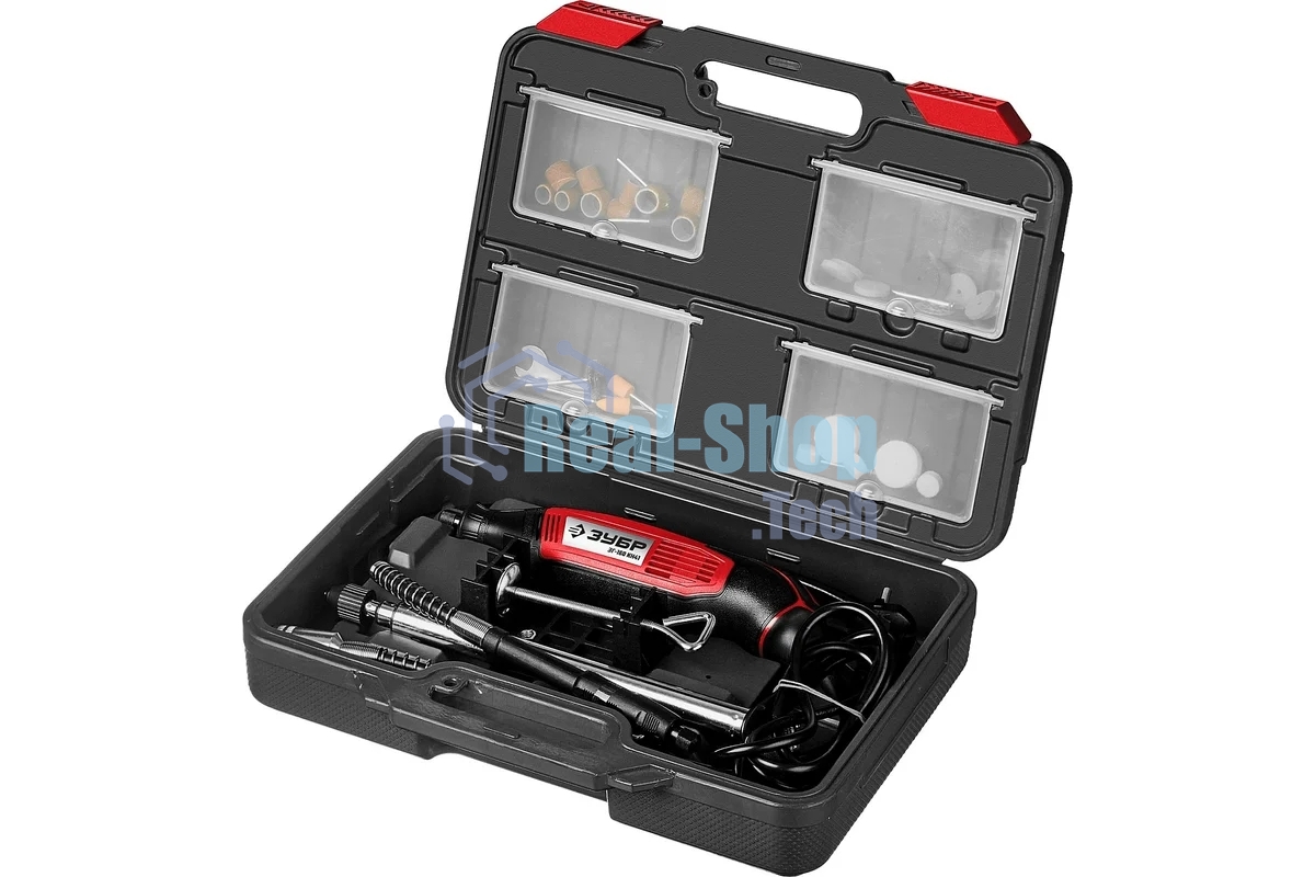 Прямошлифовальная машина (гравер) Зубр ЗГ-160 КН41, 220В, 160 Вт, 3.2 мм, 15000-35000 об/мин, набор насадок, цанг и державок, гибкий вал, штатив, 41 предмет, кейс