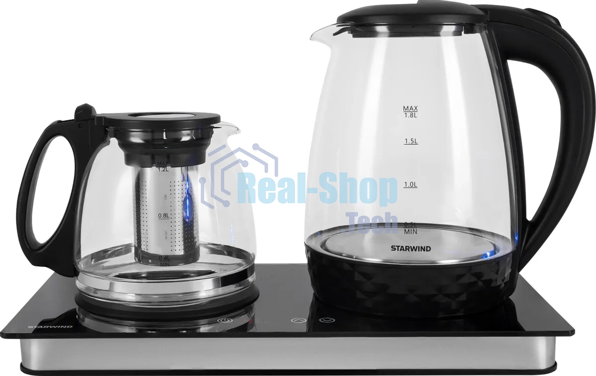 Чайник электрический Starwind SKG4044 1.8 л, 1800 Вт, черный/серебристый корпус: стекло