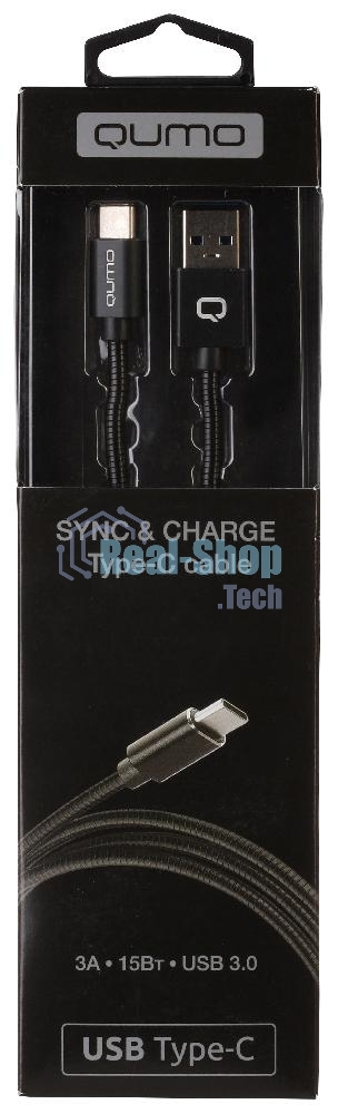 Кабель Qumo Type-С кабель, 1м, USB 3.0, 5В, 3А, 15Вт, металлическая оплетка, металлический коннектор, черный