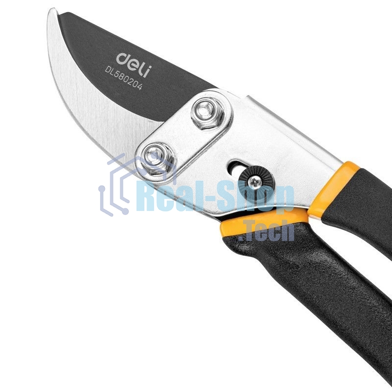 Секатор Deli DL580204 Размер 200 мм. Макс диаметр резки 15 мм. Сталь 55С. Термообработанная поверхность. Тефлоновая уплотненная пластиковая ручка.