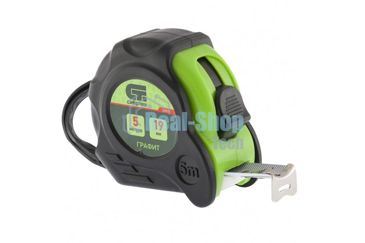 Рулетка Сибртех Графит, обрезиненный корпус, амортизатор, 5 м х 19 мм