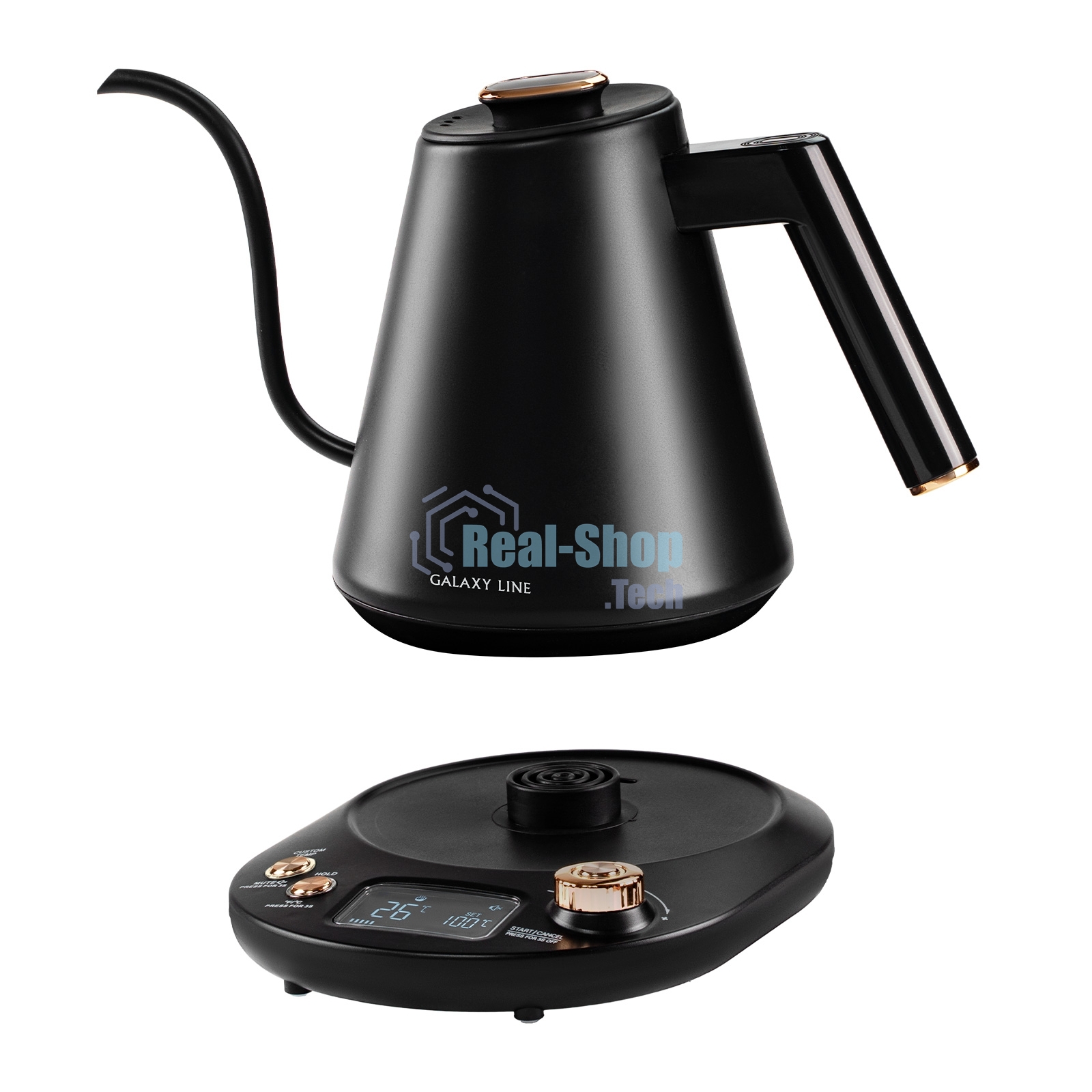 Чайник заварочный для кофе и чая Galaxy LINE GL 0341, черный, металл, 1100 ВТ, 1 л, корпус из нержавеющей стали AISI 304, установка температуры от 40 до 100 °C, функция поддержания температуры, 3 запрограммированных режима нагрева воды до 91°С, 93 °С, 96 
