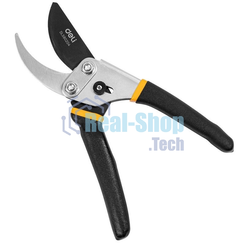 Секатор Deli DL580204 Размер 200 мм. Макс диаметр резки 15 мм. Сталь 55С. Термообработанная поверхность. Тефлоновая уплотненная пластиковая ручка.