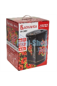 Термопот ВАСИЛИСА ВА-5007 Жостово Объем 4,5 л. Мощность в режиме кипячения 900 Вт. Мощность в режиме поддержания температуры воды 30 Вт. Внутренняя емкость из нержавеющей стали. Вращение корпуса на основании на 360°. Шкала уровня воды. Световые индикаторы