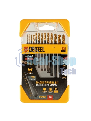 Набор сверл по металлу Denzel 1,5-6,5 мм, HSS-Tin, Golden Tip, 13 шт