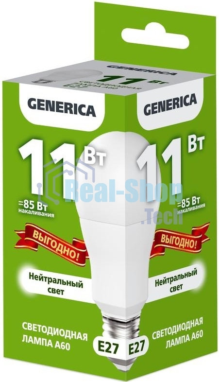 Лампа светодиодная GENERICA LL-A60-11-230-40-E27-G A60 11 Вт грушевидная 4000К E27 230В промо