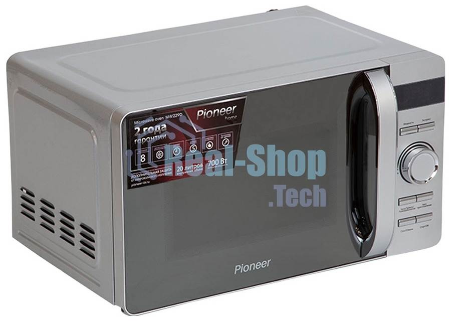 Микроволновая печь Pioneer MW229D серебристый, 20 л, 700 Вт, переключатели - поворотный механизм/кнопки