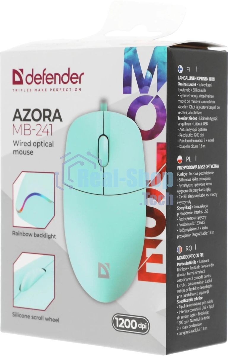 Мышь проводная Defender Azora MB-241 голубой, 1200 dpi, USB, кнопки - 3
