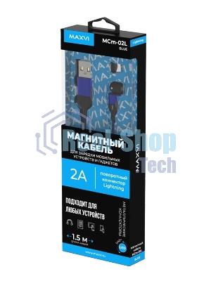Кабель Maxvi MCm-02L blue, USB-A - Lightning, 2A, магнитный разъем, LED ток макс. нагрузки 2А, макс. напряжение 5V; стандарт USB 2.0; длина 1.5м, нейлоновая оплетка, съемный магнитный коннектор, LED подсветка, синий